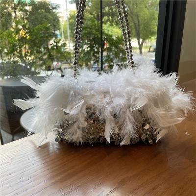 China Luxury Evening Clutch Bag Wedding Party Bag Women Beaded Rhinestone Evening Clutch Bag Ladies Faux Fur Shoulder Tote Purse And Bag Fashion Ostrich Feather Fur Bag by hand for sale