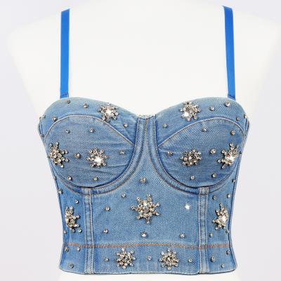 China QUICK-DRY beaded invest sling High-waist neckline navel shaping shirt women's back drop tube style denim top Korean beauty for sale