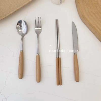 China Metal Stainless Steel Tableware Beech Wood Handle Chopsticks Knife Fork Spoon Gift Tableware Soup Spoon Fruit Fork for sale