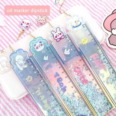 China Plastic Favor High Quality Cute Cartoon Ruler Pendant In Oil Quicksand Ruler 15cm Student Painting Scale for sale