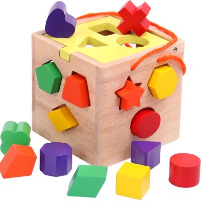 China New arrive promotional shape matching cube box/wooden smart shapes matching wooden cube puzzle block toys matching box for sale