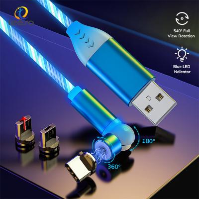 China Quick Charging Speed ​​3 In 1 Magnetic Cable Tie 540 Rotation LED Flowing Light Type 3ft 2.4A Micro C USB Magnetic Charging Cable for sale