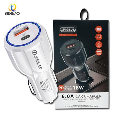 China QC 3.0 PD QC3.0 Car Charger 18W Fast Fast USB-C Car Charging Adapter For iPhone 13 pro Max 12 Samsung Huawei for sale