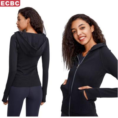 China High Quality QUICK DRY Long Full Zipper Sheath Color Women's Yoga Jacket Casual Pockets Cotton Sweatshirts Top Comfortable Workout Hoodies for sale