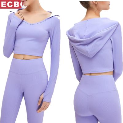 China New Yoga Threaded Clothing Women's Running Hooded Stretch Breathable Quick-Drying Fitness Breathable Sweat-absorption Sports Top for sale