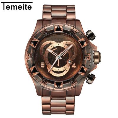 China Automatic date TEMEITE 020G Brown men's quartz watches stainless steel band calendar vintage waterproof leisure watch for men for sale