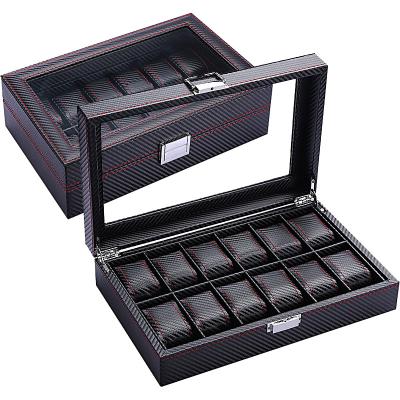 China Carbon Fiber Leather Watch Box 12 Slots With Flexible Shell Wooden Glass Top Display Watch Pillows For Man Women Watches Storage for sale