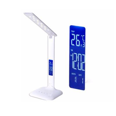 China Modern White 3 Tier Dimming HD VA LCD Display 3v Button Battery Alarm Clock Calendar Display Desk Lamp for sale