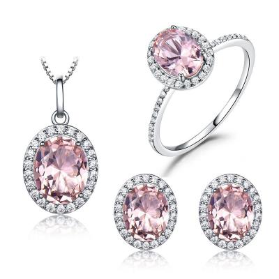 China TRENDY Plated Oval Rose Sapphire Women Jewelry Sets 925 Sterling Silver Necklace Ring Earrings White Gold Shape Set Gift For Party Prom for sale