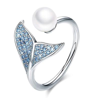 China TRENDY Mermaid Tail Ring, S925 Sterling Silver Dolphin Tail Adjustable Ring for Women Girls Open Ring with Blue Cubic Zirconia& for sale