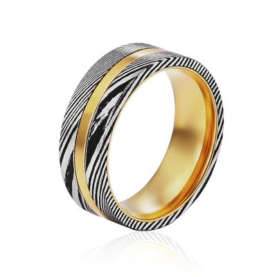 China CLASSIC Jewelry Mens Damascus Steel Fashion Engagement Ring 18K Gold Plated Wedding Bands for sale