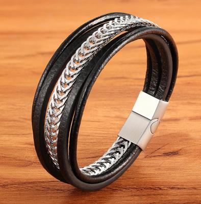 China Fashion Multilayer Cuff Bracelets Designs 316 Stainless Steel Trendy Stylish Leather Men's Bracelet For Boy for sale