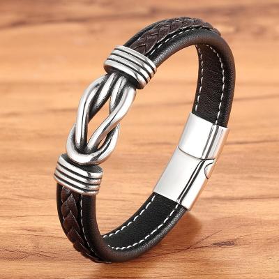 China Trendy Fashion 316 Stainless Steel Leather Bracelet For Men Cool Cuff Bangle With Magnetic Clasp for sale