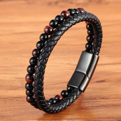 China Fashion Tiger Eye Stone Bangles Designs 316 Stainless Steel Cuff Mens Leather TRENDY Stylish Bracelet for sale