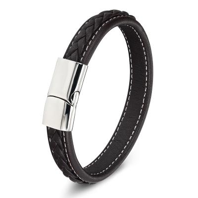 China Fashion Cuff Bracelets Designs 316 Stainless Steel Trendy Stylish Black Leather Men's Bracelet With Magnetic Clasp for sale