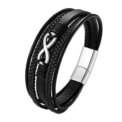 China Trendy Stylish Black Leather Wrap Men's Fashion Designs 316 Stainless Steel Cuff Bracelets Infinity Bangle Bracelet for sale