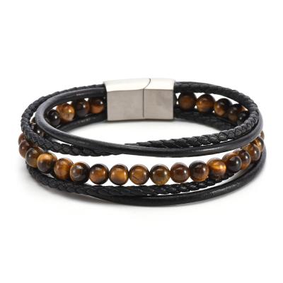 China FASHIONABLE Stylish Designs 316 Stainless Steel Leather Bracelet Boys Tiger Eye Stone Bracelet Mens Fashion Jewelry Bangles for sale