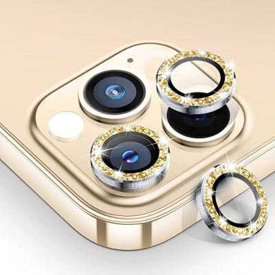 China Anti-scratch Diamond Glitter Camera Lens Protector on top for iPhone 13 12 11 pro Max Mini Metal Ring Lens Glass on back iPhone protective film for sale