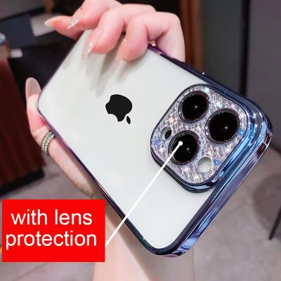 China Luxury Glitter Shockproof Diamond Lens Protector Transparent Case For iPhone 13 12 11 pro Max Plating Soft Clear TPU+PC Shockproof Cover for sale