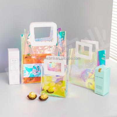 China Custom Iridescent Shock Resistance Gift Bags With Handles Clear Transparent Holographic PVC Tote Bag Shopping Bag for sale