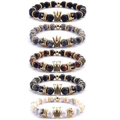 China 2020 Trendy White Stone Volcanic Stone Men's Bracelet Gold Crown Jewelry Natural Stone Bead Bracelet for sale