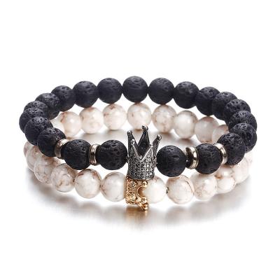 China TRENDY Black White Stone Crown Bracelets For Women Men Volcanic Couple Beads Cheap Bracelet Jewelry Custom for sale