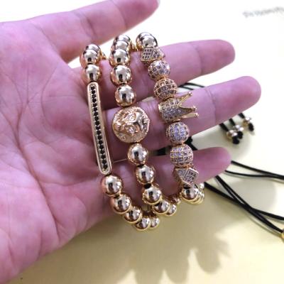 China 3Pcs/Set Trendy Luxury Mens Gold Crown Bangle Bracelet CZ Crown Braided Macrame Bar Bracelet for sale