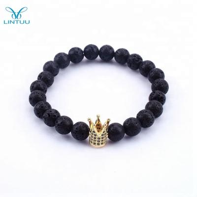 China FASHIONABLE Natural Beaded Stone Gold Plated Diamond Paved Men's Lava Crown Bracelet for sale