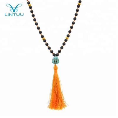 China Vintage Black Islamic Agate Beads Turquoise Buddha Tassel Handmade Knotted Tibetan Pendant Necklace for sale