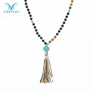 China Turquoise Trendy Beaded Black Natural Stone Cross Tassel Match Agate Pendant Necklace for sale