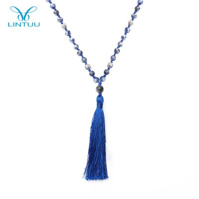 China Latest Design Trendy Women's Long Jasper Stone Prayer Beads Tassel Pendant Necklace for sale