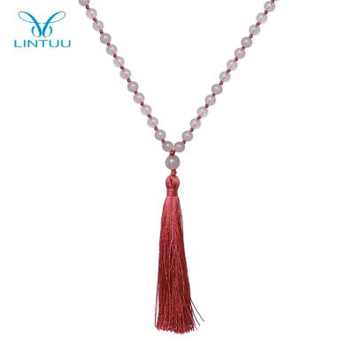 China New Arrival Fashionable Cream Elegant Women's Agate Stone Prayer Beaded Long Tassel Knot Necklace for sale