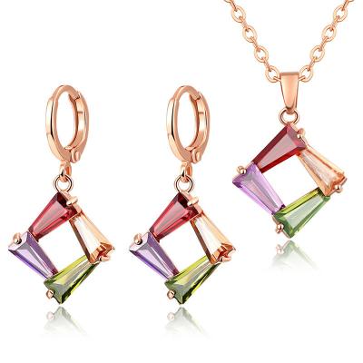 China Cheap Bridal TRENDY Colorful Dubai Rosegold Plated Cubic Zirconia Necklace And Earrings Jewelry Set for sale