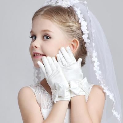 China Wholesale Wrist Length Girls Bowknot Gloves Kids Satin Bridesmaid Wedding Gloves Girl's Bridal Short Performance Dance Gloves for sale