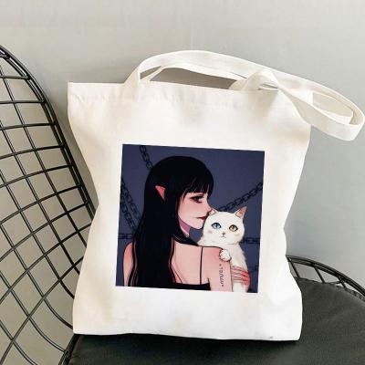 China Bulk Folding Kids Cat Jumbo Tote Makeup White Waxed Cute Printed Canvas Tote Bag Custom Logo for sale