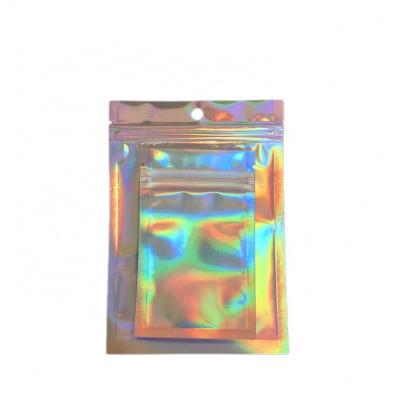 China Custom Plastic Holographic Holographic Side Seal Pouch Mylar Hologram Foil Ziplock 3 Barrier Flat Bag For Gift Apparel Packaging for sale