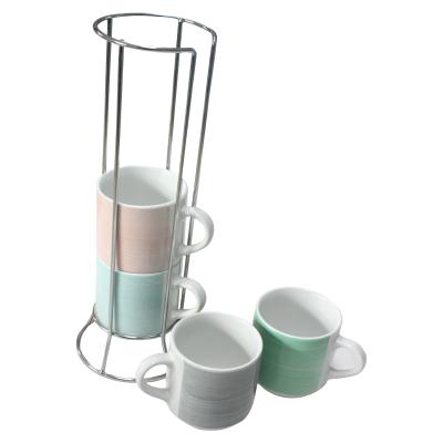 China Sustainable Hot Sale Bone China Ceramic Porcelain Customized Color Glazed Mugs Set With A Shelf for sale