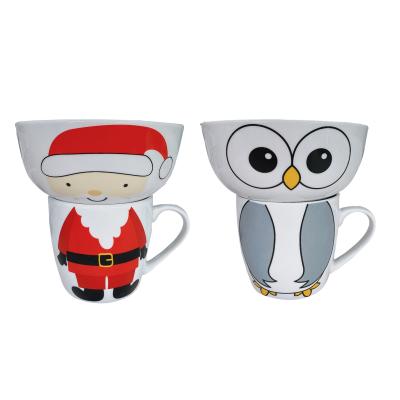 China Latest Sustainable Creative Customized Cartoon Pattern Two-in-One Design Porcelain Cup And Bowl For Kids for sale