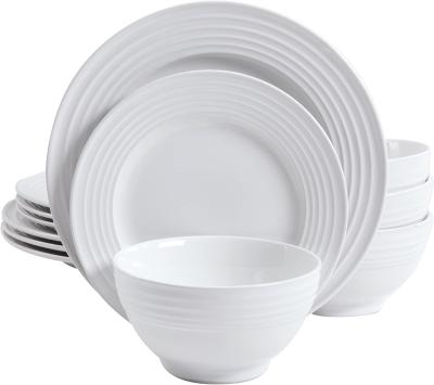 China Viable 18 Pieces Embossed Pure White Bone China Porcelain Cup Ceramic Dinnerware Dinner Set Bone China Dinnerware Sets for sale