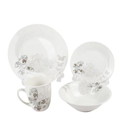 China Flower Decal Porcelain Dinner Set Viable White Embossed Ceramic Kitchenware Te koop