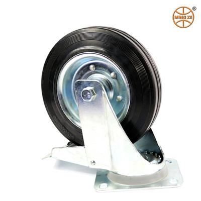 China Mingze Flat Free Industrial Black Rubber Steel Rim Transport Swivel Caster With Brake / Factory Rubber Caster For Material Handling for sale