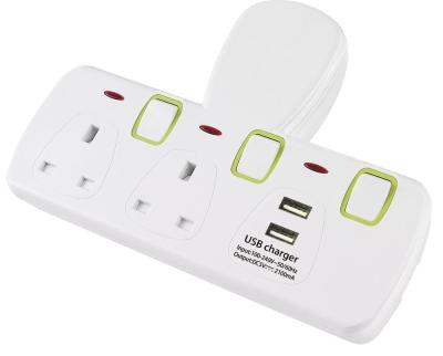 China UK 13A 250V Residential/General Purpose T Strip Form 2 Plug Adapter with 2 USB Ports for sale