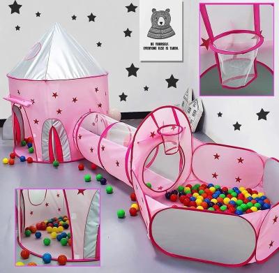 China Easy Set Up Pink 3 Piece Rocket Ship Kids Play Tent Tunnel Ball Pit With Basketball Hoop for sale