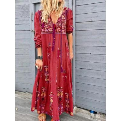 China Bohemian washable European and American foreign trade positioning printing flower stitching drawstring fashion long skirt long sleeve for sale