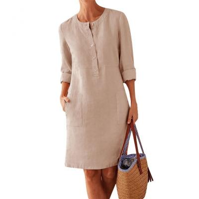 China 2022 Spring Border New Washable Explosive Large Size Women's Cotton Canvas Round Neck Long Sleeve Dress for sale