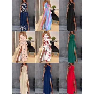 China 2022 washable European and American one-shoulder high border sexy cavity solid color new products neck hanging waist slit super lon for sale