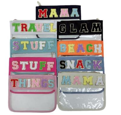 China Wholesale DIY Large Capacity Travel Toiletry Bag PVC Patch Letter Stock Transparent Cosmetic Bag Storage Toiletry Bag for sale