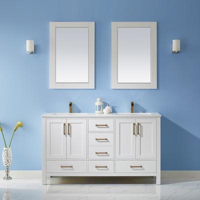 China Modern American HILITE Style Double Mirror Water Proof Plywood Solid Wood Floor Standing Bathroom Cabinet Set Guangdong for sale