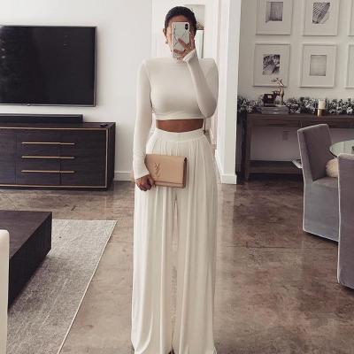 China Anti-Wrinkle Ladies Round Neck Long Sleeve Wide Leg Pants Two Piece Fall Suit Set Of 2 Piece Solid Color Women for sale