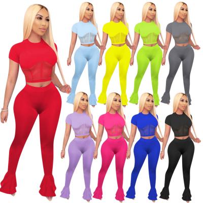 China 2021 New Solid Color Breathable Flare Ladies Pants Short Sleeve Simplicity Women Two Piece Sets for sale